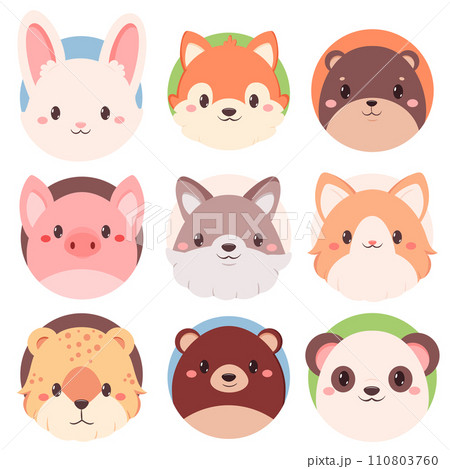 Set of kawaii member icon. Round stickers with cute cartoon dog, bear, leopard, cat, wolf, fox, panda, beaver, pig, rabbit. Baby collection of avatar with puppy. Vector illustration EPS8 110803760