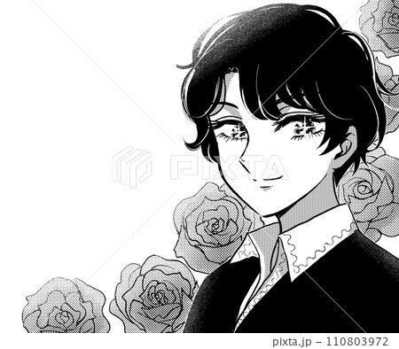 1970年代少女漫画風の白黒コマ・イケメンの男性バナー 110803972