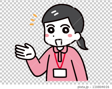 一位年輕的女性護理員（上半身，Polo衫）舉起一隻手，微笑著引導。 110804016