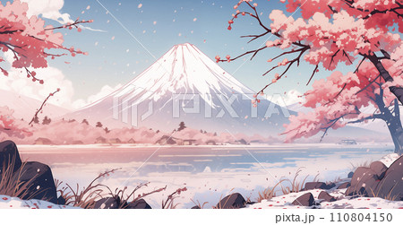 富士山と桜　浮世絵　幕末の武士（AI生成画像） 110804150