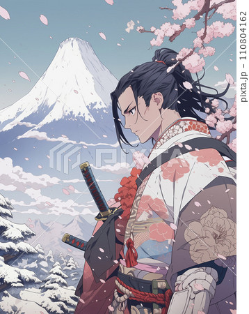 富士山と桜　浮世絵　幕末の武士（AI生成画像） 110804162