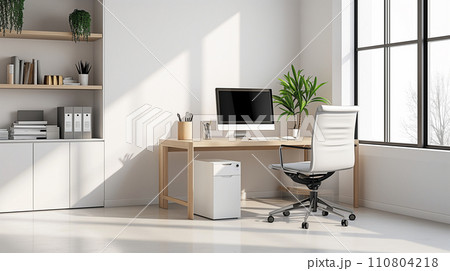 白色の内装の書斎　インテリアイメージ　AIイラスト 110804218