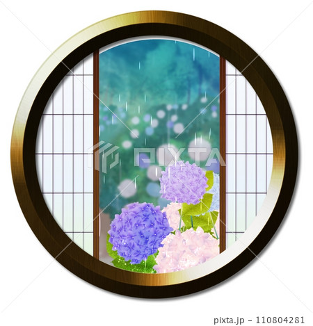 丸窓から見える雨降る紫陽花のある風景3 丸窓から見える雨降る紫陽花のある風景3 110804281