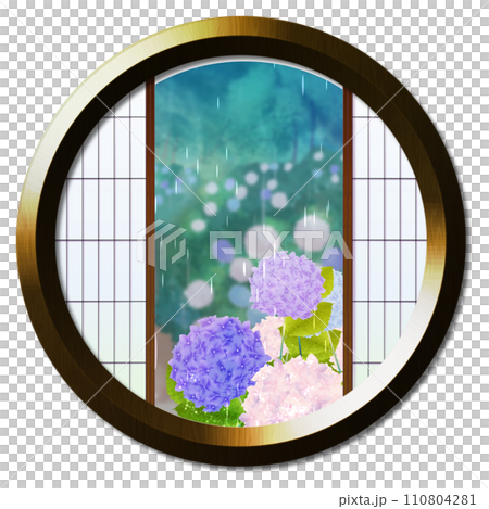 Scenery with rainy hydrangeas seen from the round window 3 110804281
