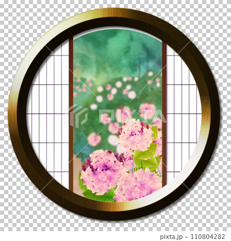 丸窓から見える紫陽花のある風景4 丸窓から見える紫陽花のある風景4 110804282