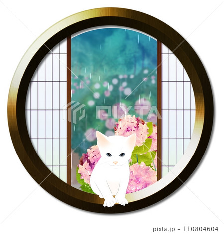 丸窓から見える雨降る紫陽花と子猫 丸窓から見える雨降る紫陽花と子猫 110804604