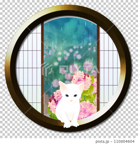 丸窓から見える雨降る紫陽花と子猫 丸窓から見える雨降る紫陽花と子猫 110804604