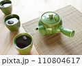green teapot and teacups. hot drink on wooden table. Organic product from the nature for healt 110804617