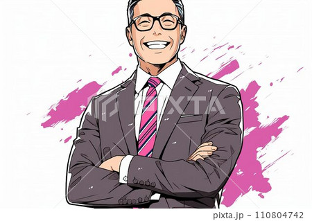 笑顔の日本人の男性会社員のシンプルなイラスト（白背景・サラリーマン・スーツ・スマイル） 110804742