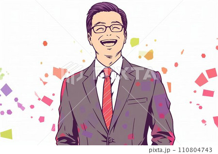 笑顔の日本人の男性会社員のシンプルなイラスト（白背景・サラリーマン・スーツ・スマイル） 110804743