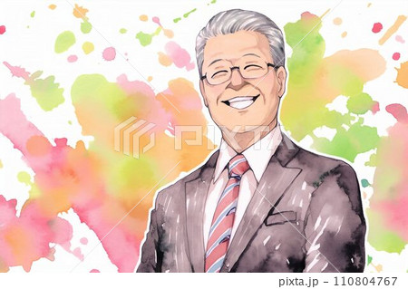 笑顔の日本人の男性会社員の水彩イラスト（白背景・サラリーマン・スーツ・スマイル） 110804767