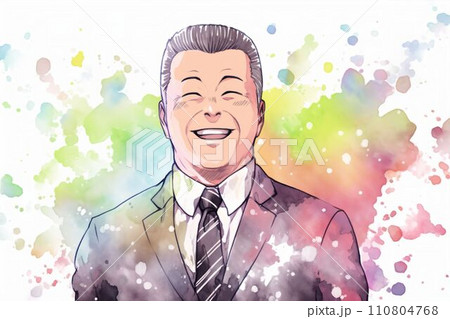 笑顔の日本人の男性会社員の水彩イラスト（白背景・サラリーマン・スーツ・スマイル） 110804768