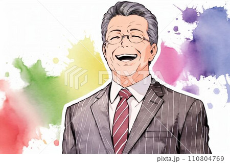 笑顔の日本人の男性会社員の水彩イラスト（白背景・サラリーマン・スーツ・スマイル） 110804769