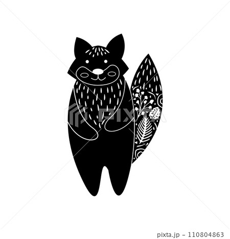Fox in floral ornament. Modern boho decorative linocut. 110804863