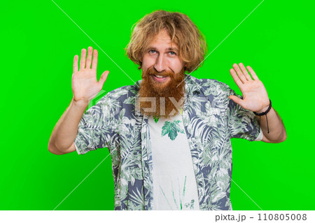 Happy man smiling friendly waving hands gesturing hello greeting or goodbye, meeting invitation 110805008