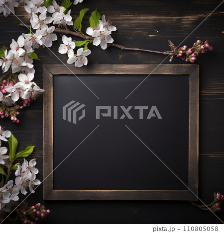 Old blank school chalkboard lying on an wooden background with white flowers 110805058