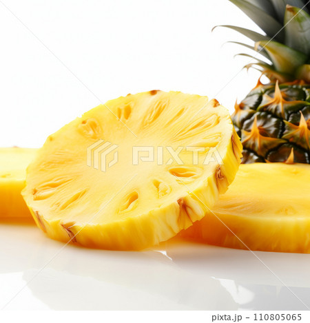 Pineapple slices on white background. Cut pineapple with round slices 110805065