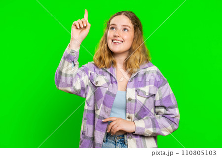 Inspired young woman having good idea, plan, startup, showing inspiration motivation Eureka gesture 110805103
