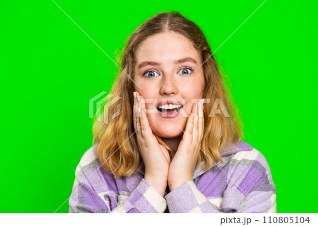 Excited amazed woman surprise looking at camera with big eyes, shocked by sudden victory wow emotion 110805104