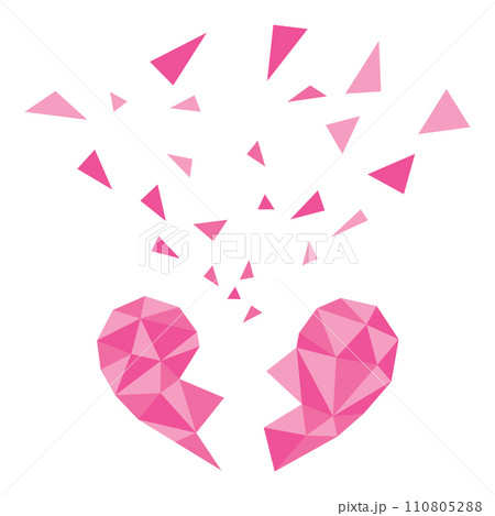 ピンク色のポリゴン風ハートが割れ破片が飛び散るイラスト 110805288