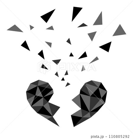ブラック色のポリゴン風ハートが割れ破片が飛び散るイラスト 110805292