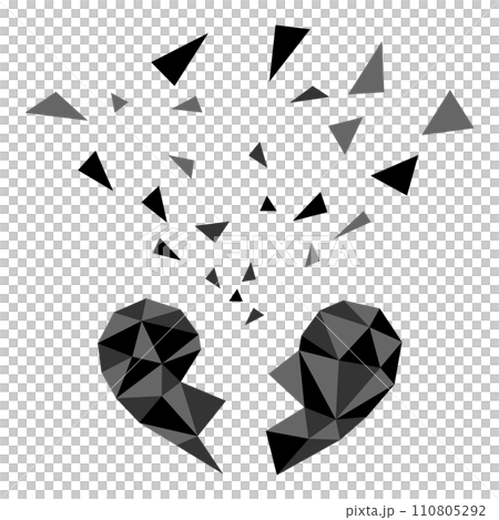 ブラック色のポリゴン風ハートが割れ破片が飛び散るイラスト 110805292