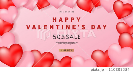 Valentine's day posters. 3d hearts with place for text. Romantic sale banners templates, vouchers or invitation cards. Vector illustration. 110805384