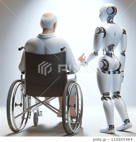 A robot cares for an elderly man in a wheelchairのイラスト素材 [110805464] - PIXTA