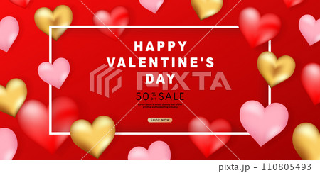 Valentine's day posters. 3d hearts with place for text. Romantic sale banners templates, vouchers or invitation cards. Vector illustration. 110805493