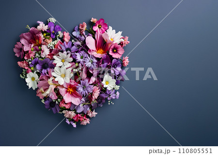 AI-generated content. Celebration concept - flowers arranged in heart shape, top view 110805551