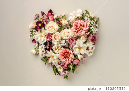 AI-generated content. Celebration concept - flowers arranged in heart shape, top view 110805552