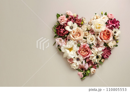 AI-generated content. Celebration concept - flowers arranged in heart shape, top view 110805553