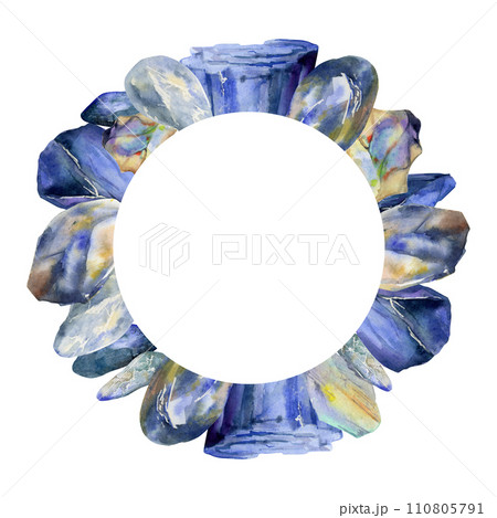 Hand drawn watercolor illustration precious semiprecious jewel gem crystal chakra birth stone. Sapphire lapis larimar. Wreath frame isolated on white background. Design print, shop, jewelry, fashion Hand drawn watercolor illustration precious semiprecious jewel gem crystal chakra birth stone. Sapphire lapis larimar. Wreath frame isolated on white background. Design print, shop, jewelry, fashion 110805791