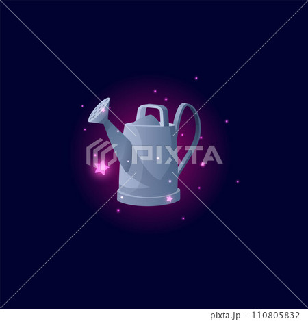 Grey metal watering can or pot, gardening irrigation tool, agricultural inventory, vector cartoon shine farm game asset 110805832
