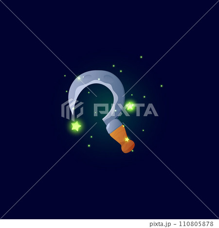 Sickle tool 3D icon asset for farm game, realistic vector illustration isolated. Sickle tool 3D icon asset for farm game, realistic vector illustration isolated. 110805878