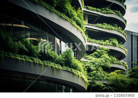 Sustainable green building. Eco-friendly building. Sustainable glass office building with tree for reducing carbon dioxide. Office with green environment. Corporate building reduce CO2. Generative AI. 110805908