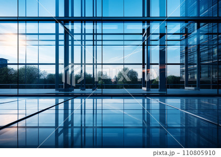 Blurred glass wall of modern business office building at the business center use for background in business concept. Blur corporate business office. Abstract office windows background. Generative AI. 110805910