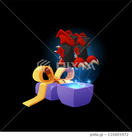 Bright opened purple gift box with boots flat style, vector illustration Bright opened purple gift box with boots flat style, vector illustration 110805972