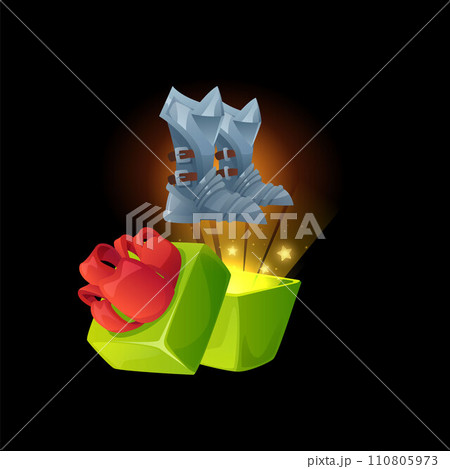 Boots fly out of the gift box, game design elements, cartoon style vector Boots fly out of the gift box, game design elements, cartoon style vector 110805973