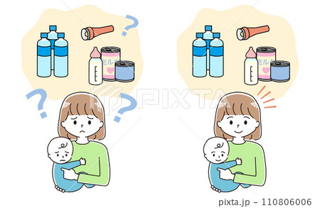 赤ちゃんを抱っこして、防災グッズを考えるお母さんのイラストセット 110806006