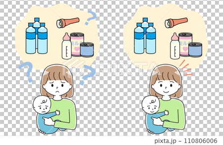 Illustration set of a mother holding a baby and thinking about disaster prevention goods 110806006