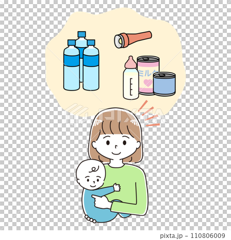 A mother holding her baby and thinking about disaster prevention goods 110806009