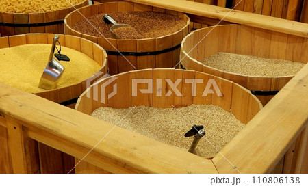 Grain Barrels Filled With Variety Cereals At Grocery Store Grain Barrels Filled With Variety Cereals At Grocery Store 110806138