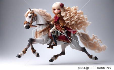 Female knight riding a white horse 110806195