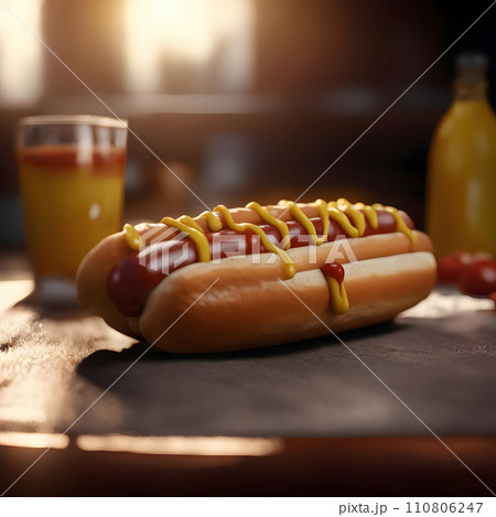 Hot dog with mustard and ketchup on a wooden table in a counterlight Hot dog with mustard and ketchup on a wooden table in a counterlight 110806247