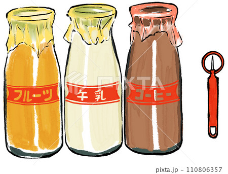 3種類の瓶牛乳と蓋開け 3種類の瓶牛乳と蓋開け 110806357
