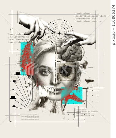 Visual art for a campaign promoting the neurological basis of emotions and love. Collage of a woman, brain illustration, and abstract elements. Love Visual art for a campaign promoting the neurological basis of emotions and love. Collage of a woman, brain illustration, and abstract elements. Love 110806374