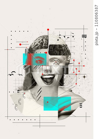 Mental health awareness campaign highlighting the complexity of human emotions and thoughts. Female head made of mi of various images. Mental health awareness campaign highlighting the complexity of human emotions and thoughts. Female head made of mi of various images. 110806387