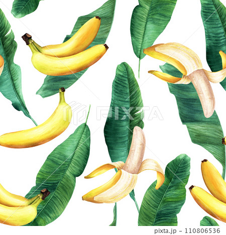Watercolor seamless pattern with banana tree leaves and fruit banana. Hand drawn illustration isolated on white background. For wrapping wallpaper fabric textile. 110806536