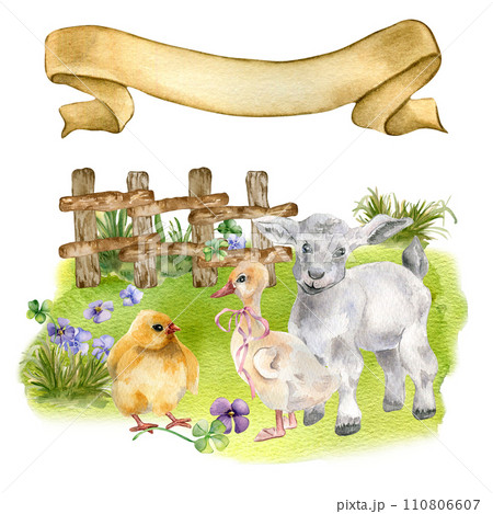 Rural scene with baby animals on field. Watercolor illustration with pets isolated on white. Chick, gosling and lamb hand drawn. Farm landscape with rustic fence. Easter scene with ribbon banner 110806607